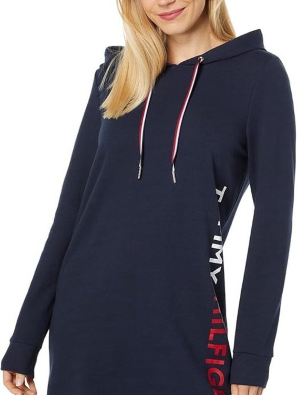Tommy Hilfigure Navy Blue Logo Drawstring Hoodie Sweatshirt Dress Sz M